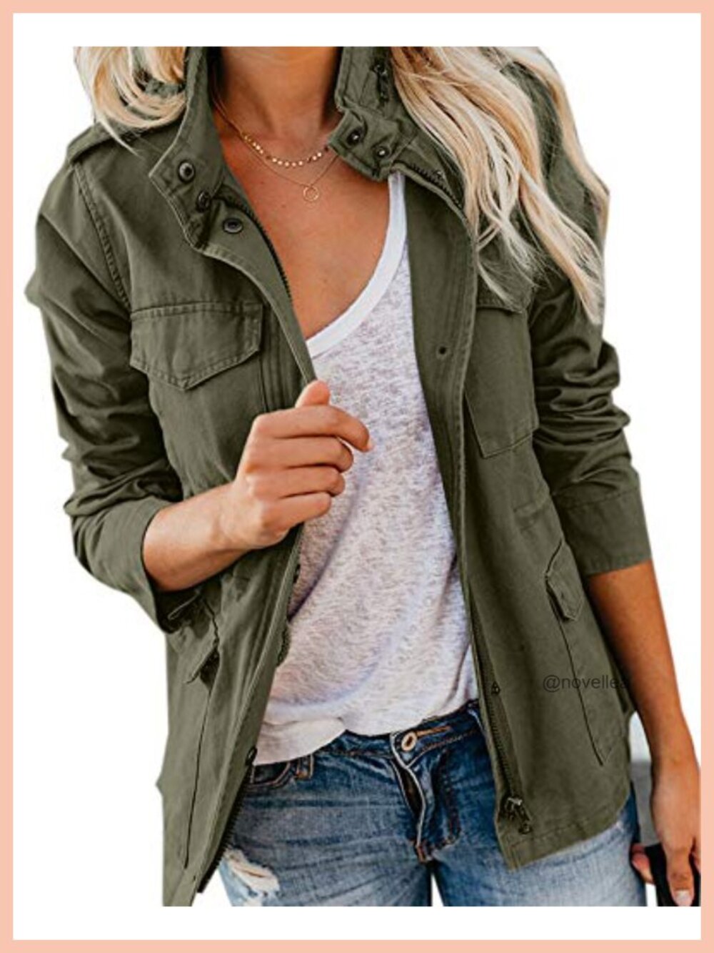 Women Military Anorak Jacket Snap Button Zip Up Parka Utility Coat